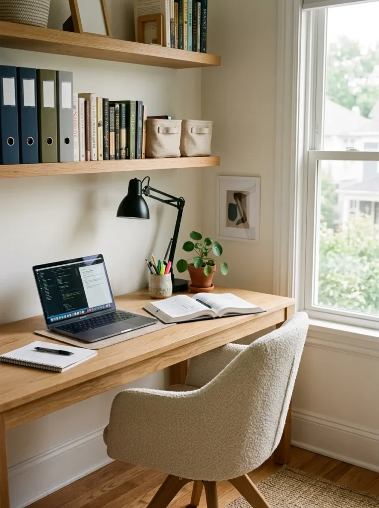 Teen bedroom study zone with a wide natural wood desk near a window, floating shelves above holding books and binders, an adjustable desk lamp, and a boucle desk chair
