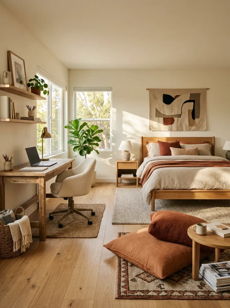 Teen bedroom showing three distinct zones: a study desk near the window, an oak platform bed in the center, and two floor cushions in the hangout corner, each visually separated by furniture placement
