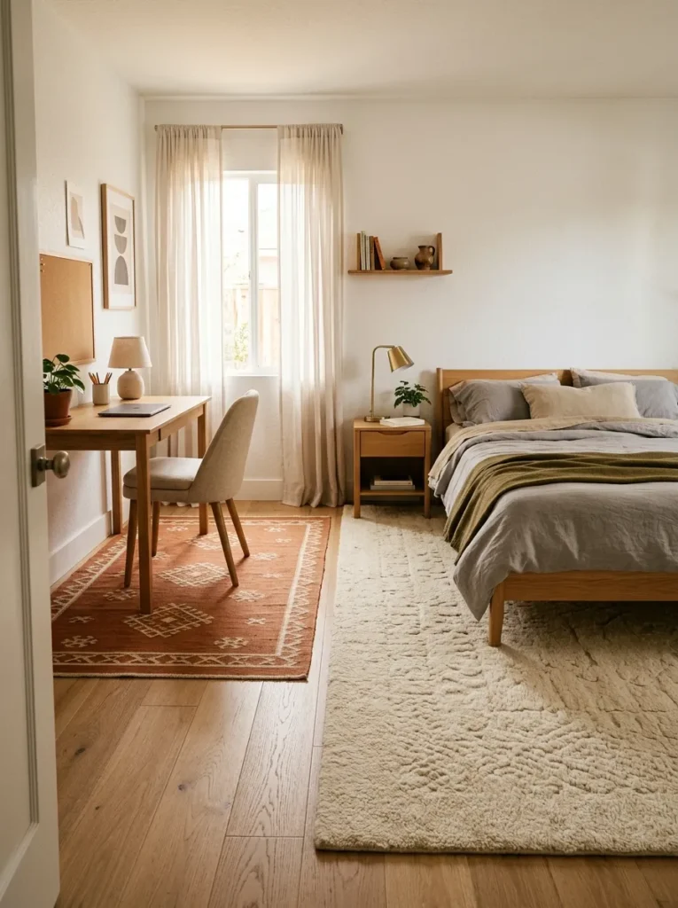 Teen bedroom with two area rugs defining distinct zones — a large ivory wool rug under the bed and a smaller terracotta flat-weave rug under the desk — with oak flooring visible between them
