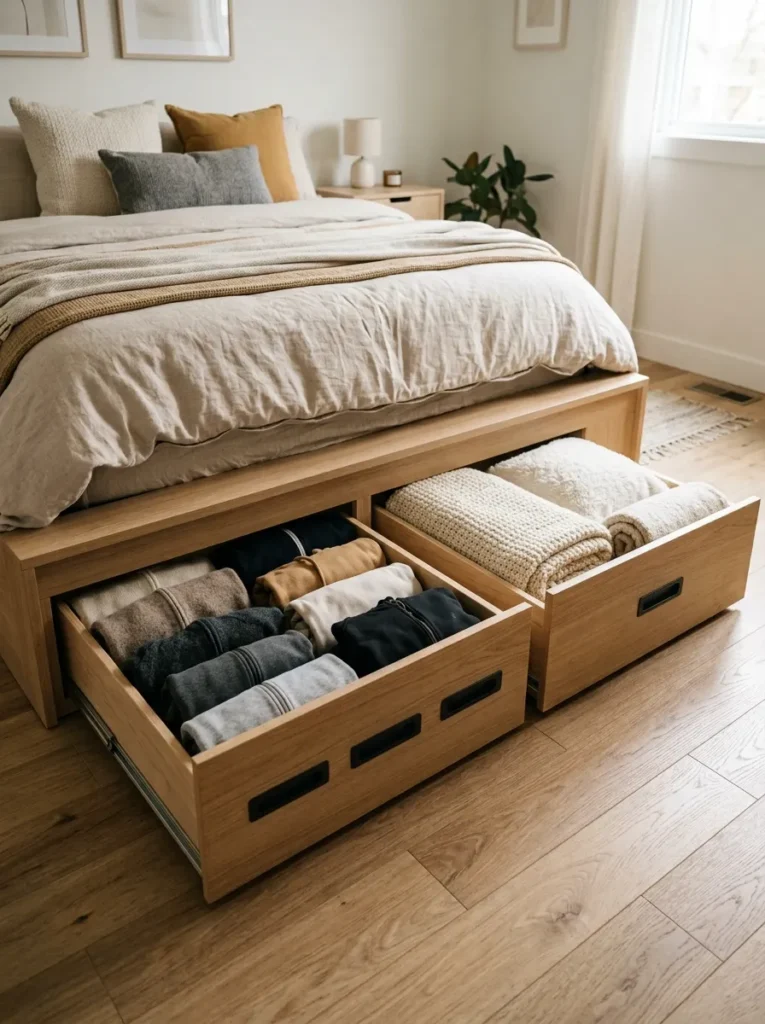 Platform bed with built-in under-bed drawers pulled open showing neatly folded seasonal clothing and extra blankets, at floor-level perspective
