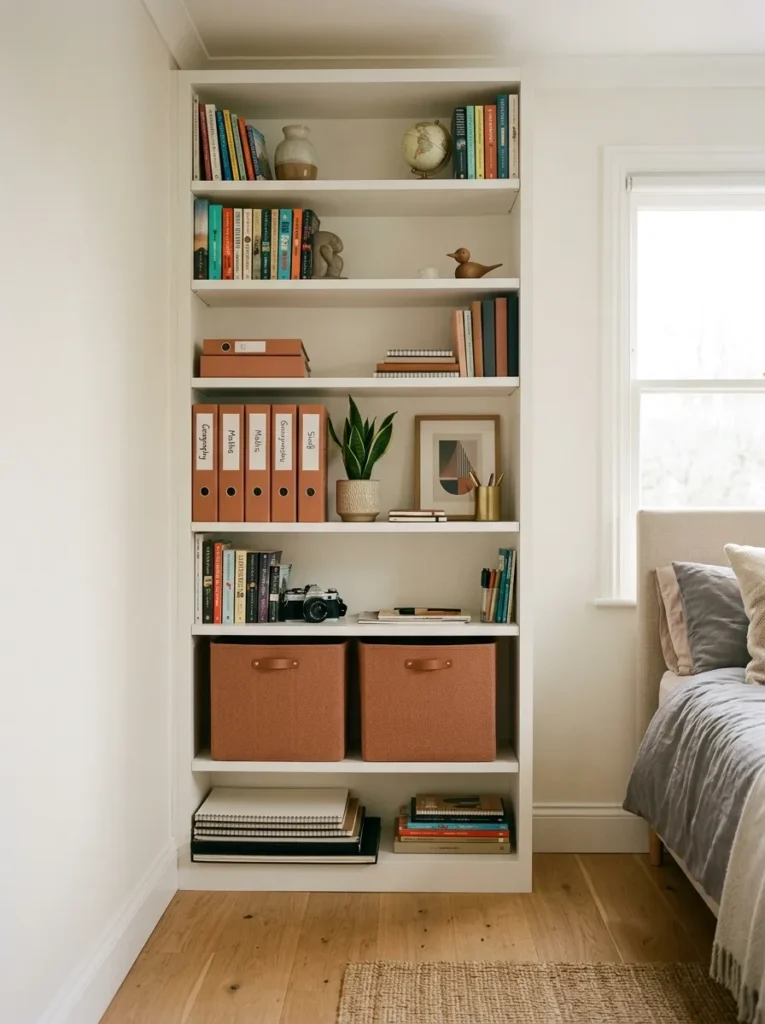 Tall floor-to-ceiling white bookcase in a teen bedroom with books, binders, decorative objects, a small plant, and fabric bins organized across multiple shelf heights
