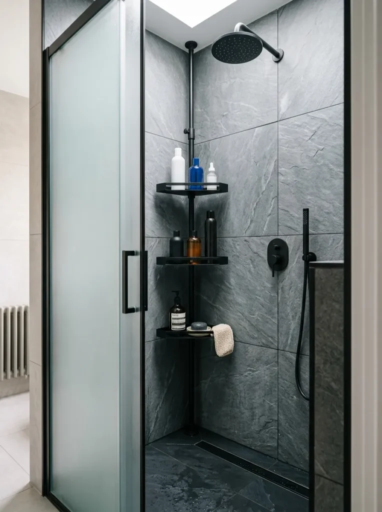 Floor-to-ceiling tension pole shower system with multiple shelves in a small shower corner