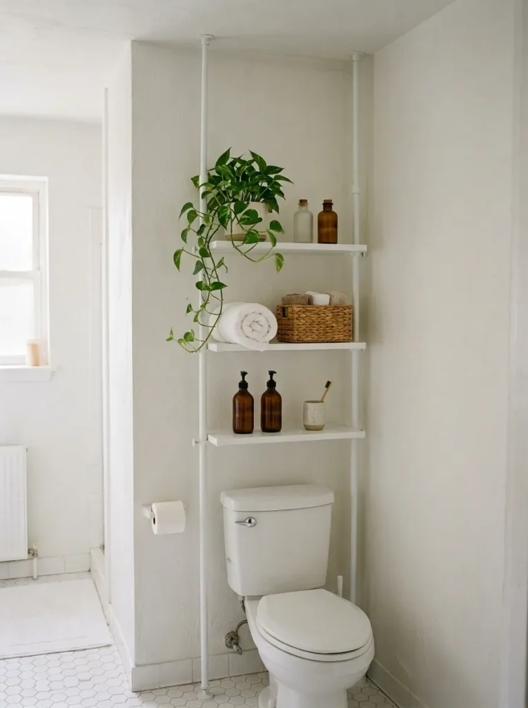 Floor-to-ceiling tension pole shelf in a bathroom corner behind the toilet, holding towels, a wicker basket, and a trailing plant