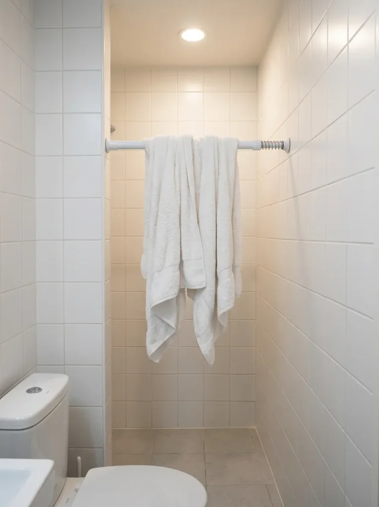 Tension rod fitted between two white tile walls in a bathroom alcove holding two white bath towels with no wall hardware or drill holes visible
