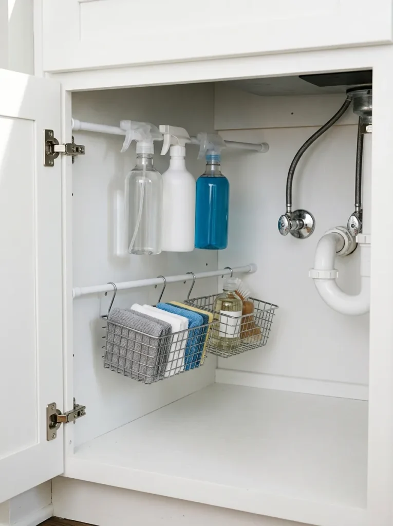 Under-sink cabinet interior with tension rods holding spray bottles and S-hook bins