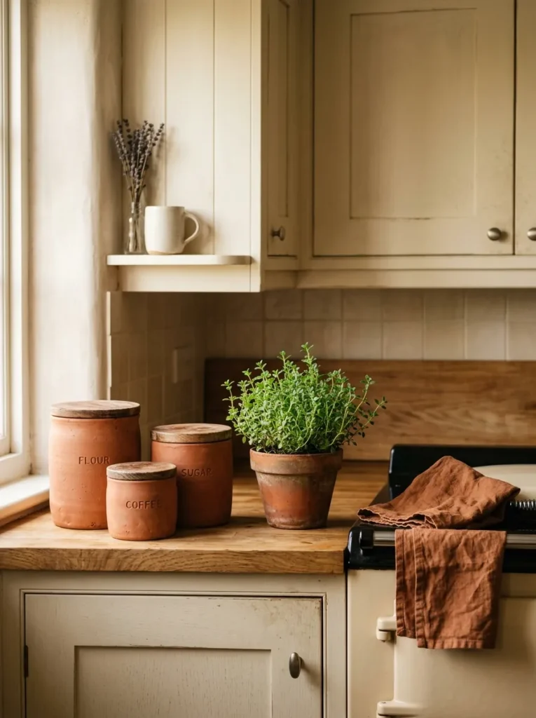 Cream kitchen counter with terracotta ceramic canisters, rust linen tea towel, and small herb plant