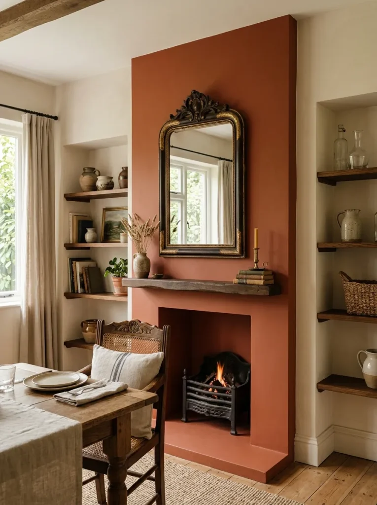 Chimney breast painted in deep terracotta contrasting with cream dining room walls, with an antique mirror centered on it
