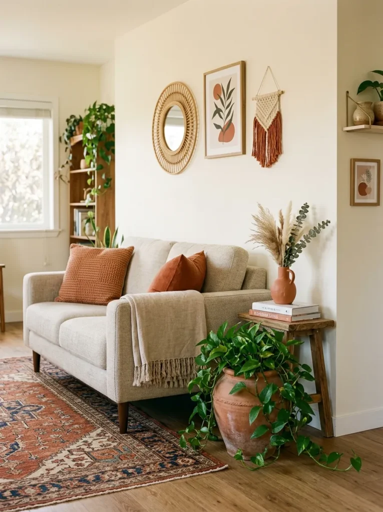 Boho living room corner showing terracotta repeated in throw cushions, large plant pot, and ceramic vase against cream walls
