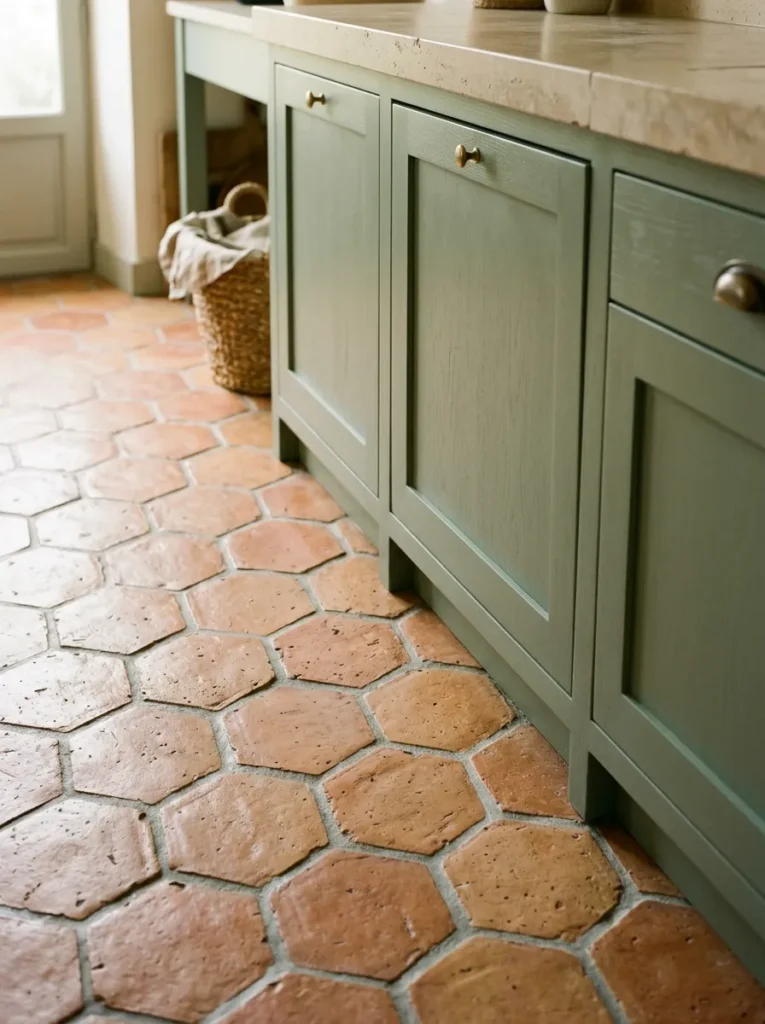Handmade terracotta hexagonal floor tiles alongside sage green kitchen cabinets with pale limestone countertop

