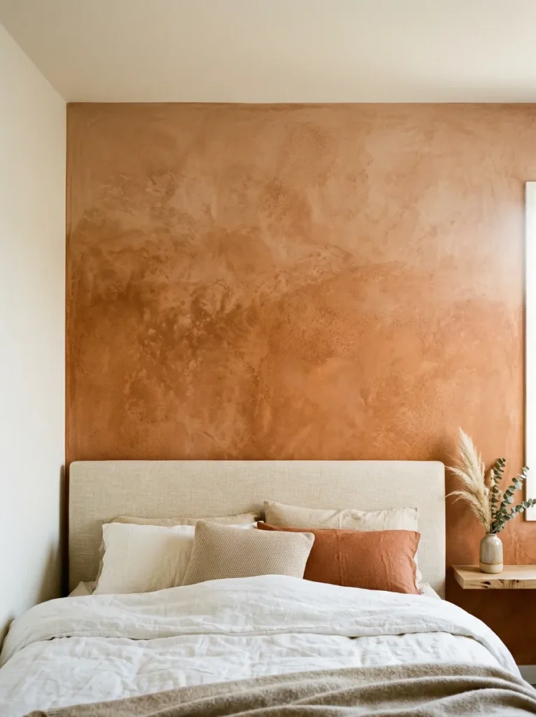 Deep terracotta limewash accent wall in a bedroom showing natural tonal variation and plaster-like texture in afternoon side light
