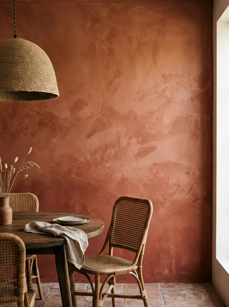 Deep terracotta limewash wall in a boho dining room showing natural tonal variation and plaster texture in afternoon side light
