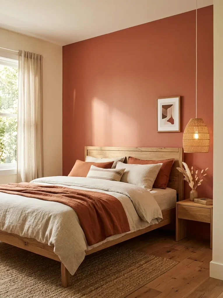 Terracotta paint accent wall in a bedroom with a natural wood bed frame, oatmeal linen bedding, and a rattan pendant lamp

