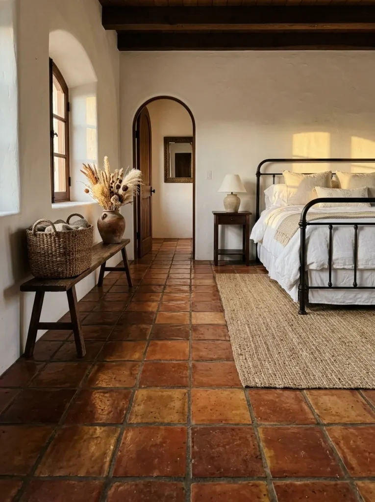 Bedroom with warm terracotta floor tiles and a jute area rug beside the bed 