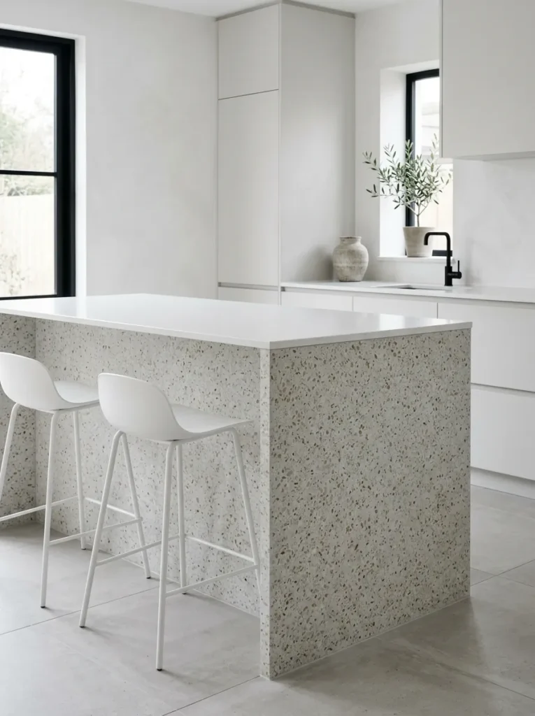 Kitchen island with a pale grey terrazzo-clad base, honed white quartz countertop, and two matte white low-back counter stools, in a neutral tonal palette
