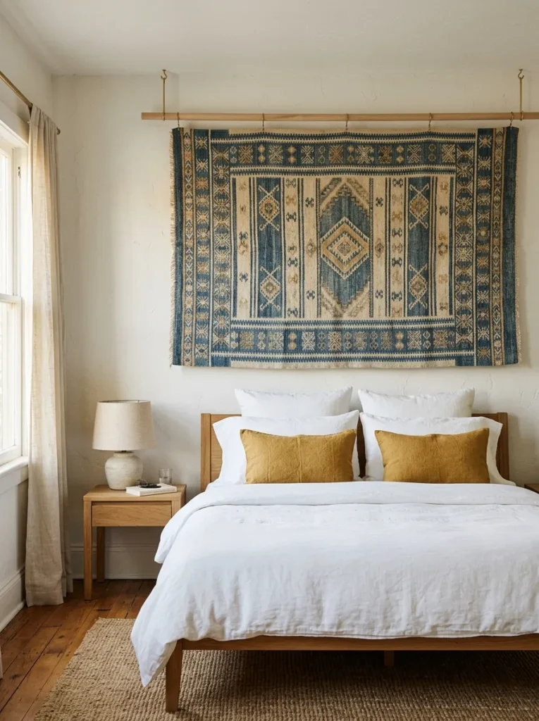 Large vintage flat-woven textile in indigo and natural linen hung on a dowel rod as a renter-friendly bedroom accent wall

