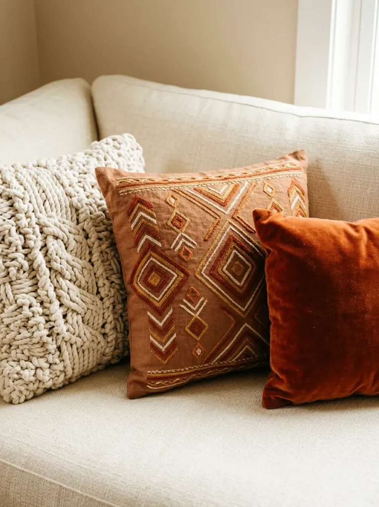 Three sofa cushions in contrasting textures — knotted cotton, embroidered linen, and velvet — on a cream sofa
