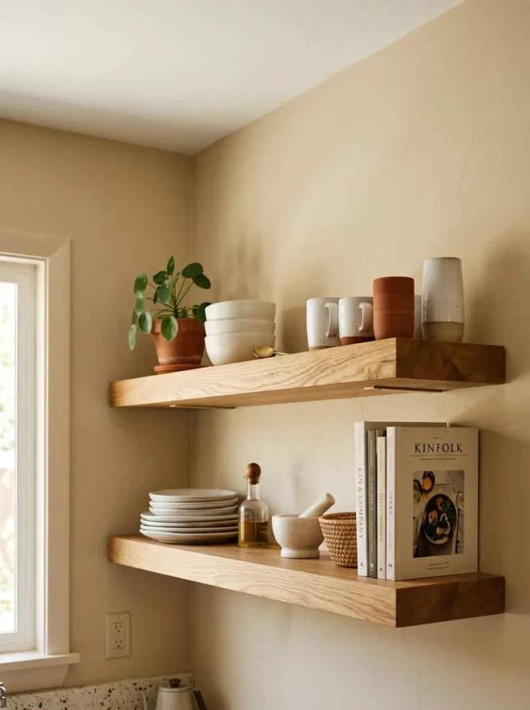 Two thick warm oak floating shelves on a beige kitchen wall with ceramics, a plant, and stacked bowls