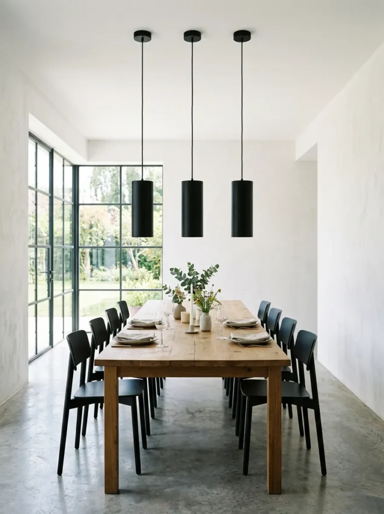 Three evenly spaced matte black cylindrical pendants in a row over a long rectangular dining table, viewed from the head of the table