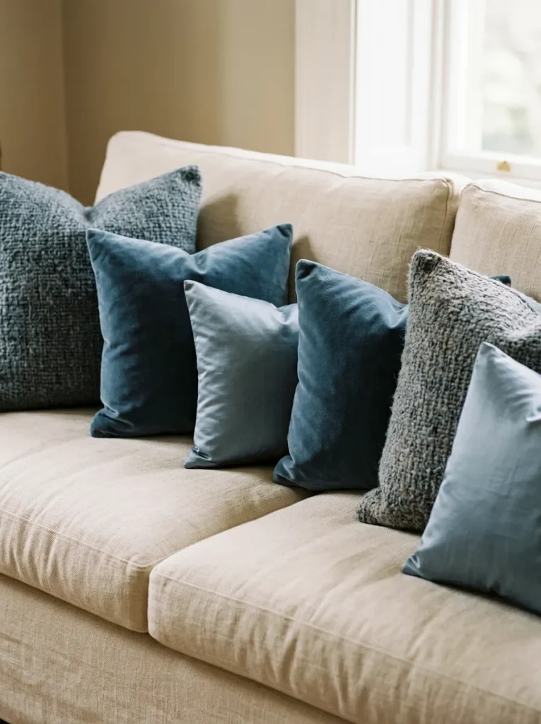 Luxury sofa with a tonal cushion arrangement mixing wool, silk, and velvet in dusty blue