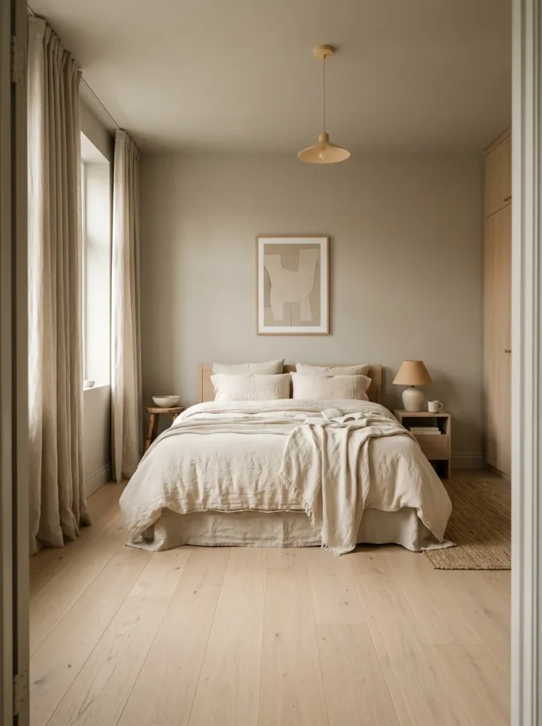 Full bedroom view showing a tonal warm-neutral palette — cream linen bedding, greige walls, natural linen curtains, and pale oak floor in diffused morning light