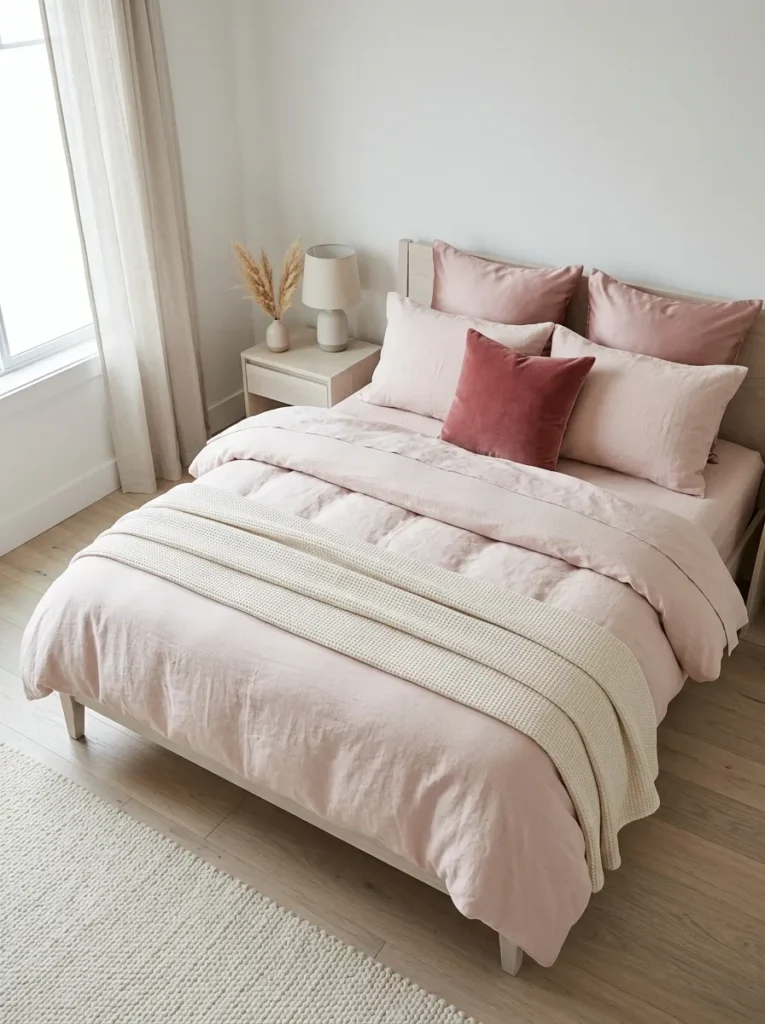 Bed layered in tonal blush to cream textiles — velvet, silk, waffle linen — in a feminine bedroom
