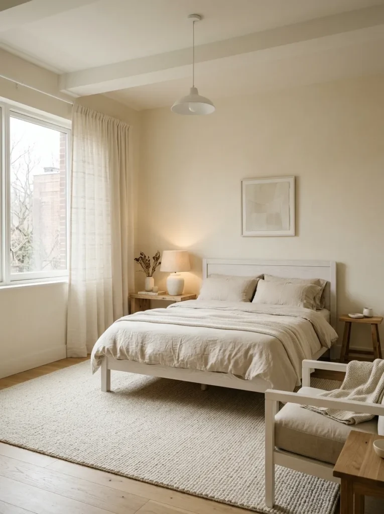 Monochromatic white bedroom showing tonal variation across ivory walls, oat linen bedding, cream lamp, and pale wool rug with different surface finishes throughout

