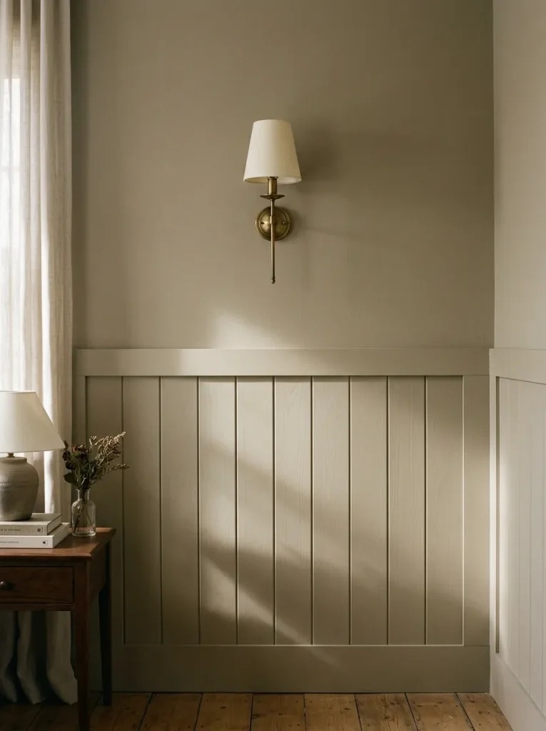 Bedroom wall with half-height MDF panelling painted the same greige as the wall above, shadow lines visible in raking afternoon light with a wall sconce above