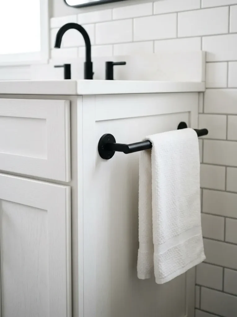 Short matte black towel bar mounted on the side panel of a white bathroom vanity cabinet holding a folded hand towel, with the adjacent wall undrilled
