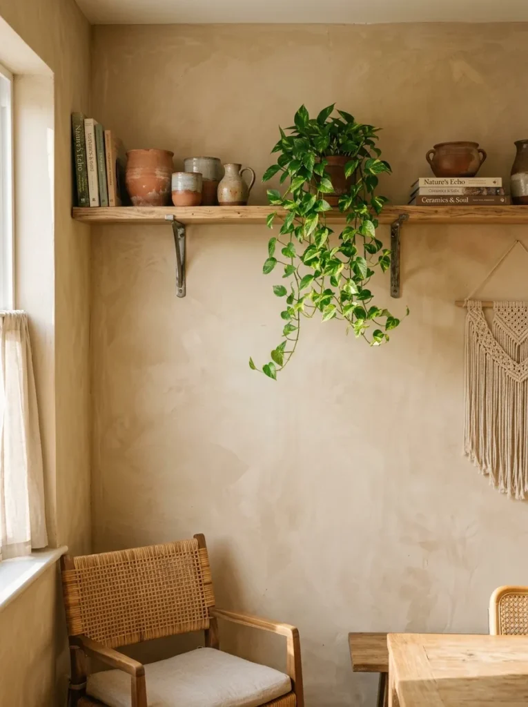 Pothos plant trailing from a high wall-mounted shelf in a boho dining room corner, draping downward over ceramics in afternoon light
