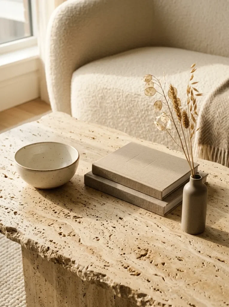 Travertine coffee table with visible natural pitting and stone variation, holding a ceramic bowl, two stacked books, and a dried botanical stem