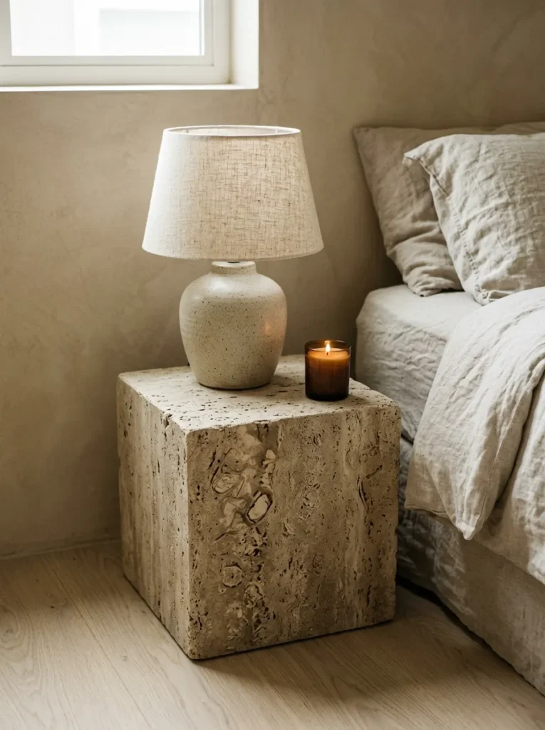 Honed travertine bedside table with a ceramic lamp in an organic earthy bedroom
