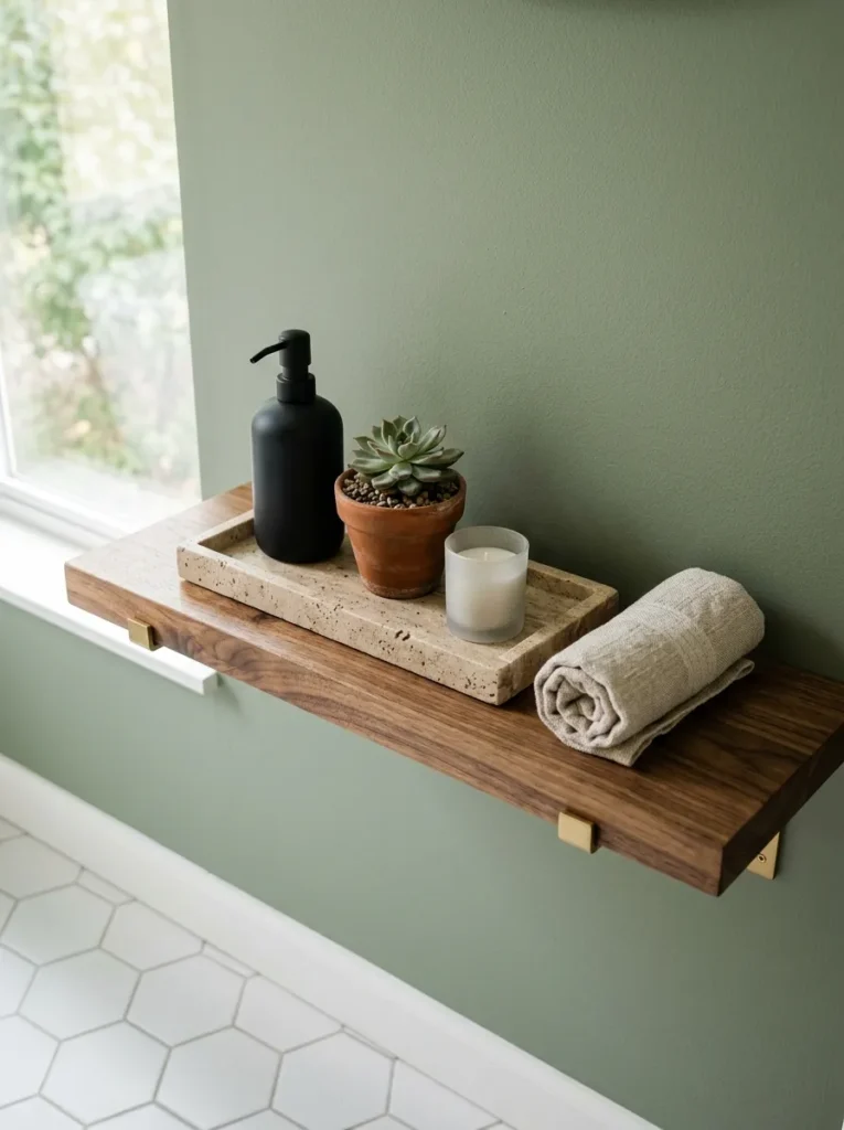 Walnut floating shelf with a travertine tray holding a soap dispenser, succulent, and candle against sage green walls
