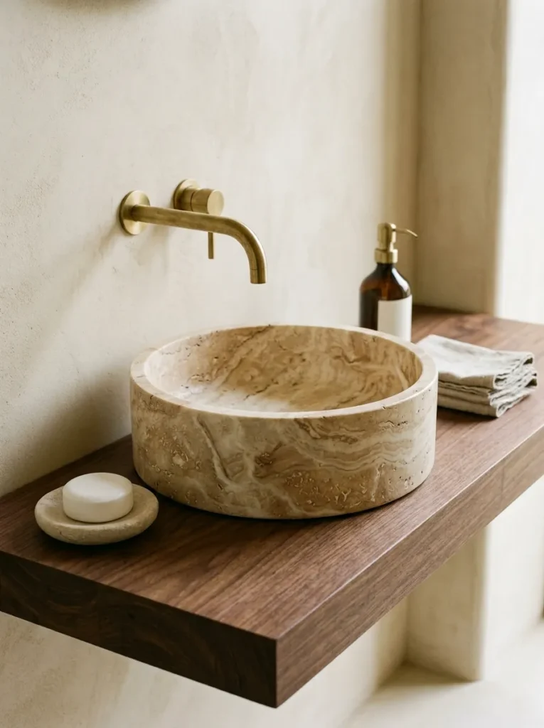 Round travertine vessel basin with natural veining on a dark walnut counter, slender brushed brass wall-mounted tap