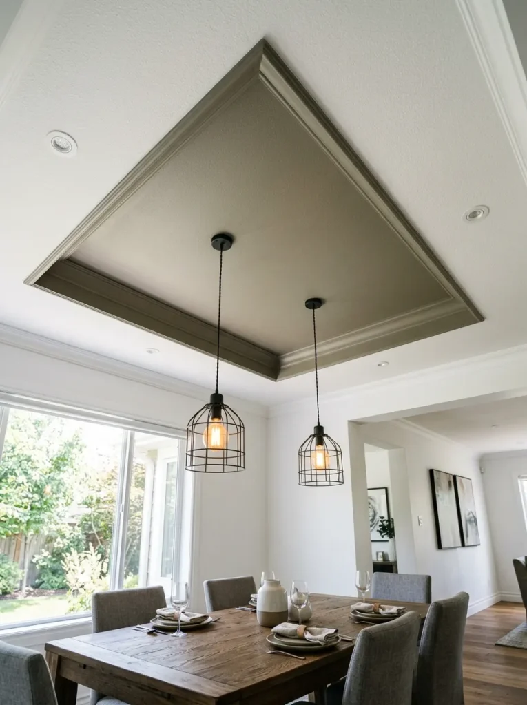 Tray ceiling detail in a slightly deeper tone above a dining table area in an open plan room, with two cage pendant lights
