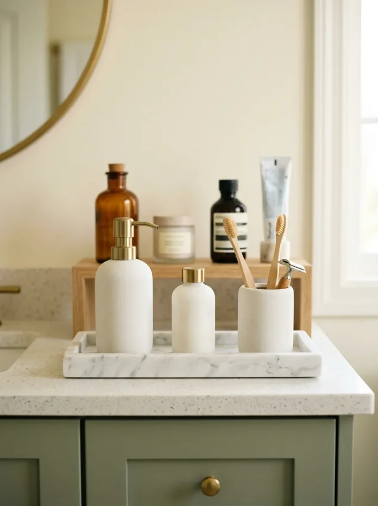 Series of small shallow wall niches in a bathroom holding candles and toiletries