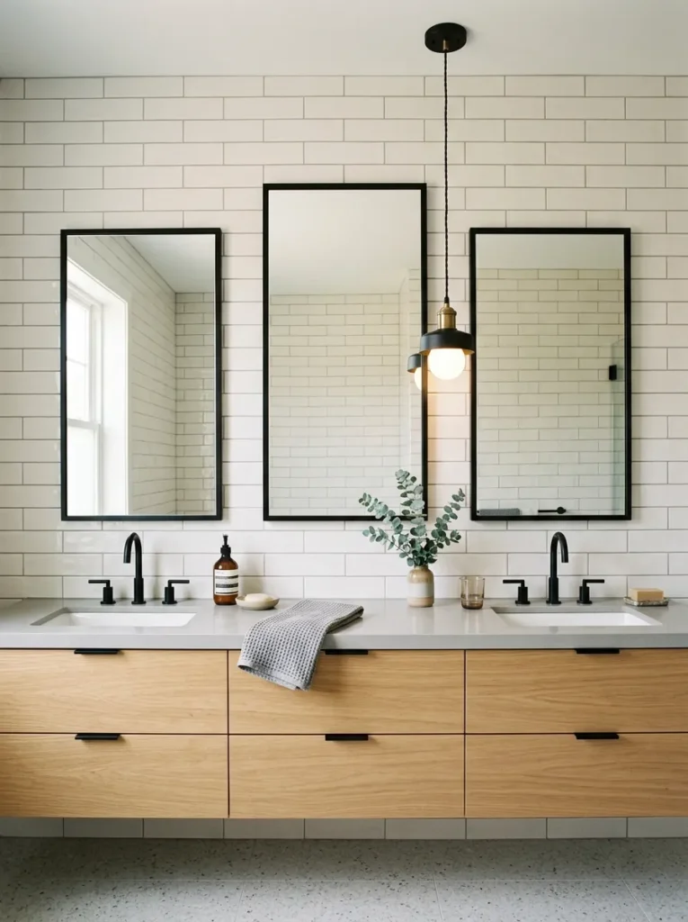 Three-panel triptych mirror arrangement with center panel larger than flanking mirrors above a double vanity with matte black fixtures

