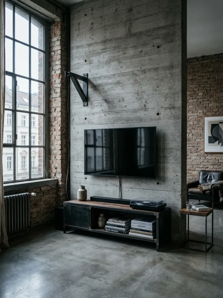 Board-formed concrete media wall with visible wood-grain texture behind a television in a Berlin industrial loft.