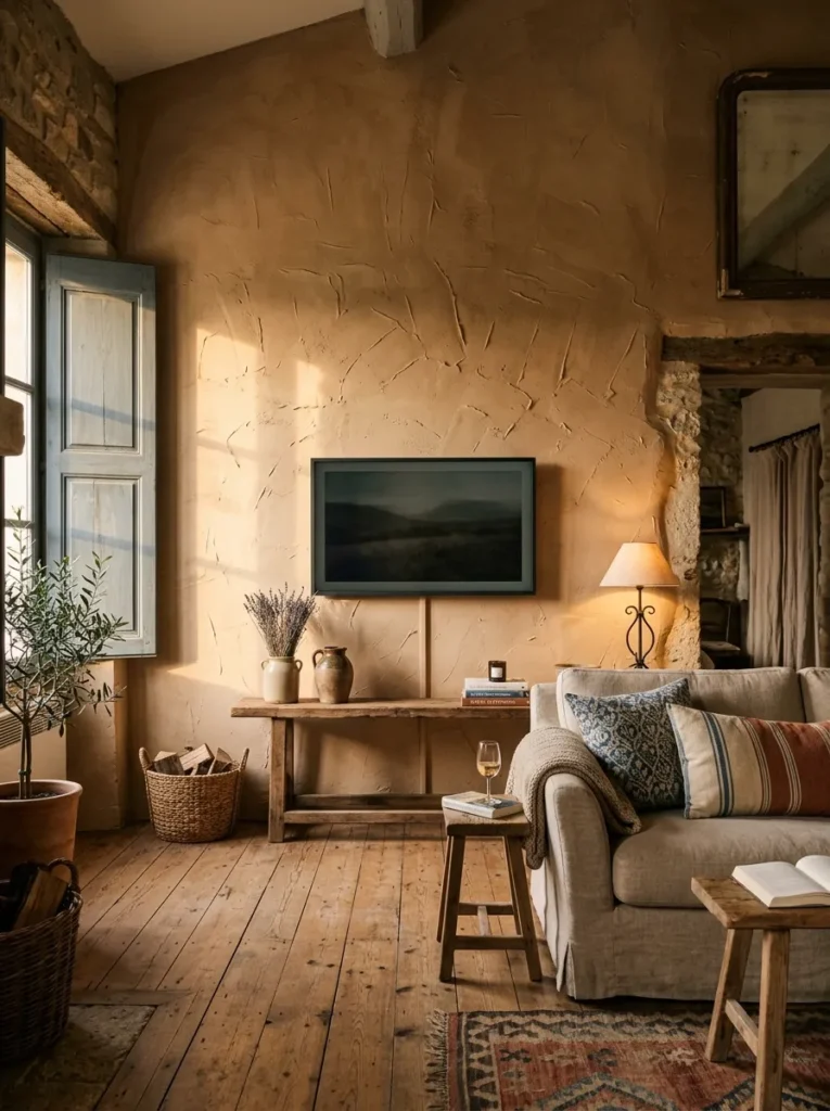 Hand-applied clay-toned lime plaster wall behind a mounted television in a Provençal farmhouse living room at dusk.
