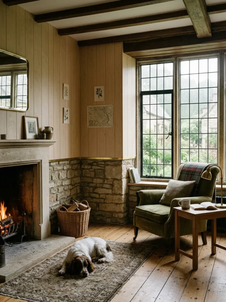Raw limestone cladding the lower wall and pale birch panelling above a mounted television in a Cotswolds cottage living room.