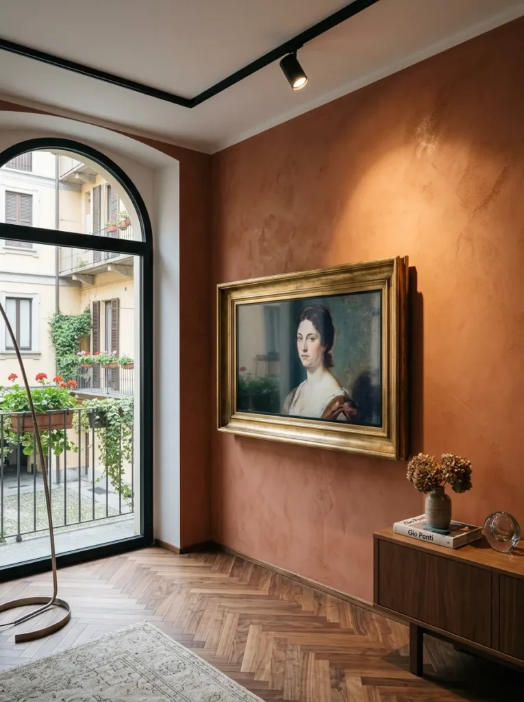 Art-mode television in a museum-style brushed brass frame hung on a Venetian stucco wall in a Milanese apartment.
