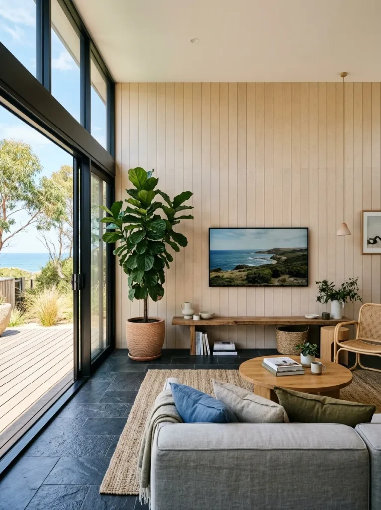 Off-centre mounted television balanced by a tall fig plant on a pale birch-panelled wall in a Melbourne coastal living room.