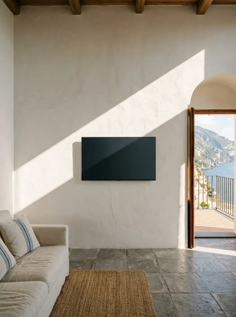 Plain whitewashed stucco wall with a single mounted television and no additional decoration in an Amalfi Coast living room.