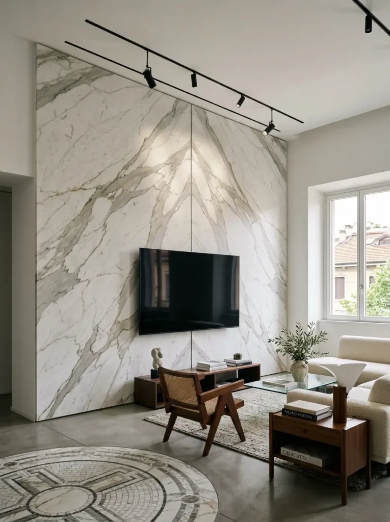 Book-matched honed Calacatta marble slab spanning the wall behind a mounted television in a Milanese living room.