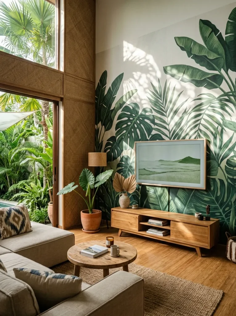 Large-scale botanical mural wallpaper behind a mounted television in a tropical modern living room in Bali.