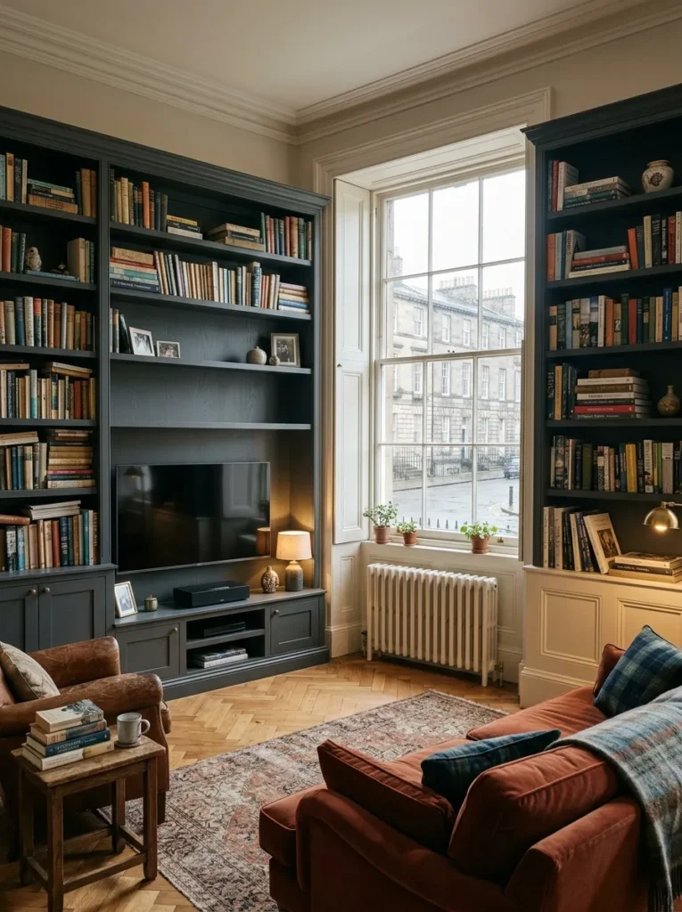Floor-to-ceiling painted oak bookshelves flanking a recessed television in a Georgian townhouse living room.
