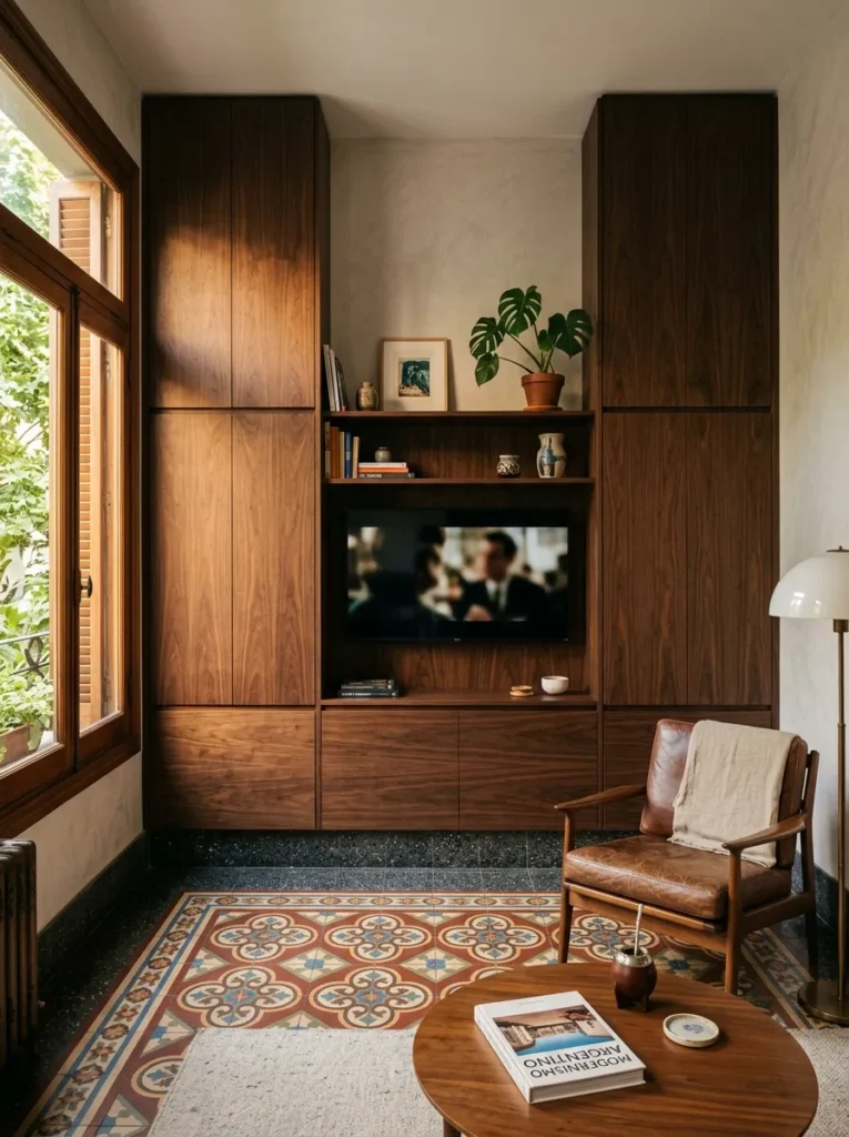 Full-height closed walnut cabinetry with push-to-open fronts flanking a recessed television in a Buenos Aires living room.