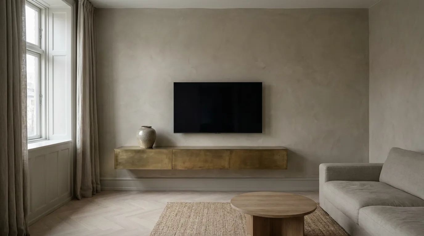 Floating unlacquered brass shelf beneath a wall-mounted television in a minimalist Nordic living room with herringbone oak flooring.