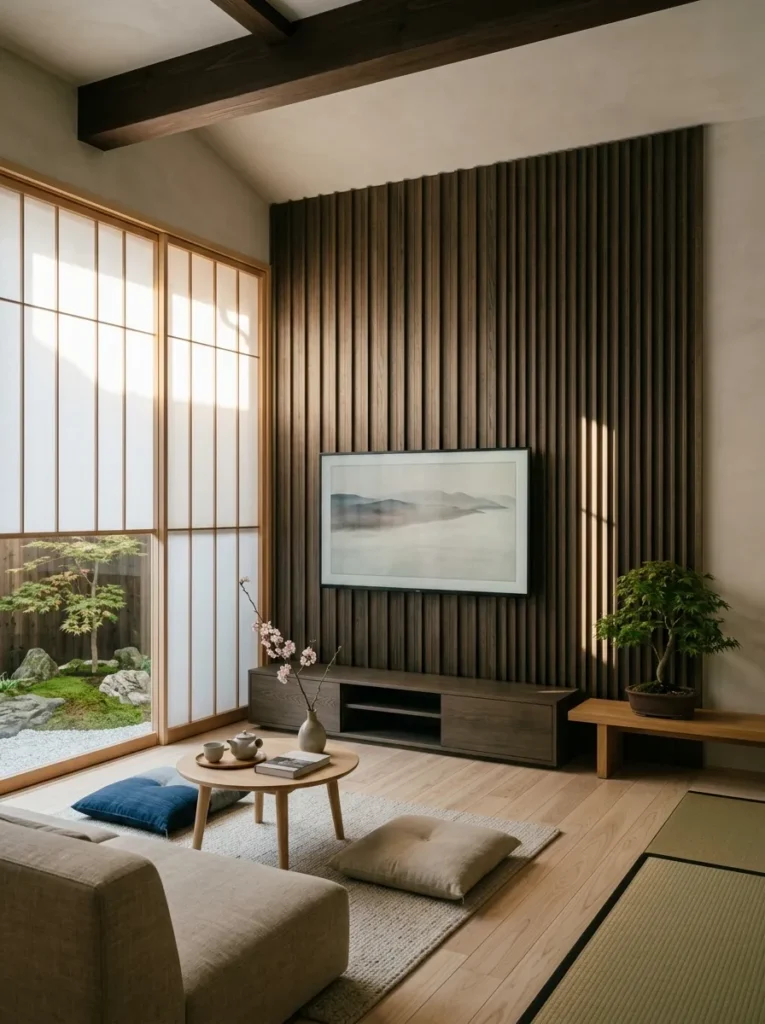 Vertical fluted smoked oak panels behind a mounted television in a quiet Kyoto living room with paper screen walls.
