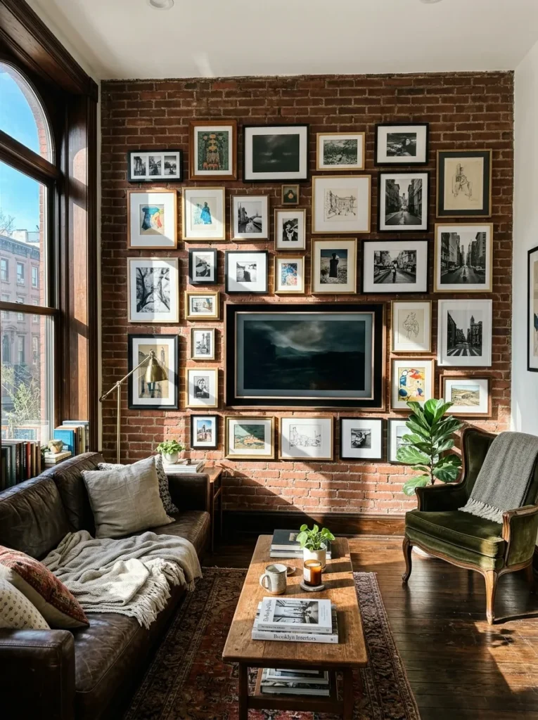 Mismatched framed gallery wall surrounding a recessed television in a Brooklyn brownstone living room with exposed brick.