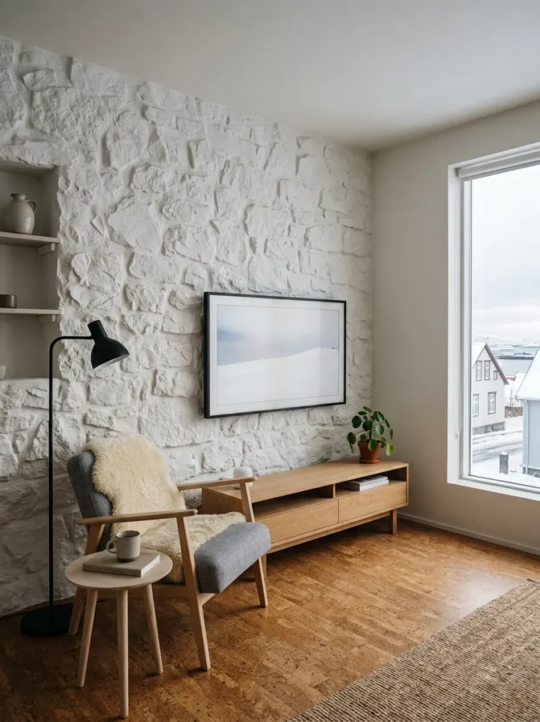 Wall-mounted television with fully concealed cables against a whitewashed stone wall in a Reykjavik living room.